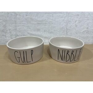 Rae Dunn GULP & NIBBLE Pet Bowls Set of 2 White Ceramic Magenta